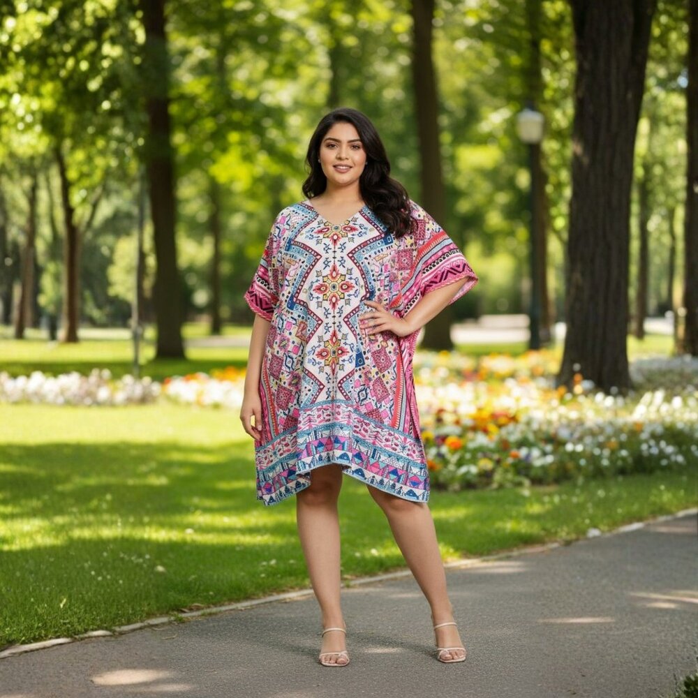 Geometric Print Pink Polyester Short Caftan Tunic Dress for Women by Gypsie Blu